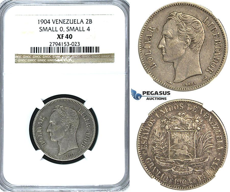 R395, Venezuela, 2 Bolivares 1904 (Small 0 Small 4) Silver, NGC XF40