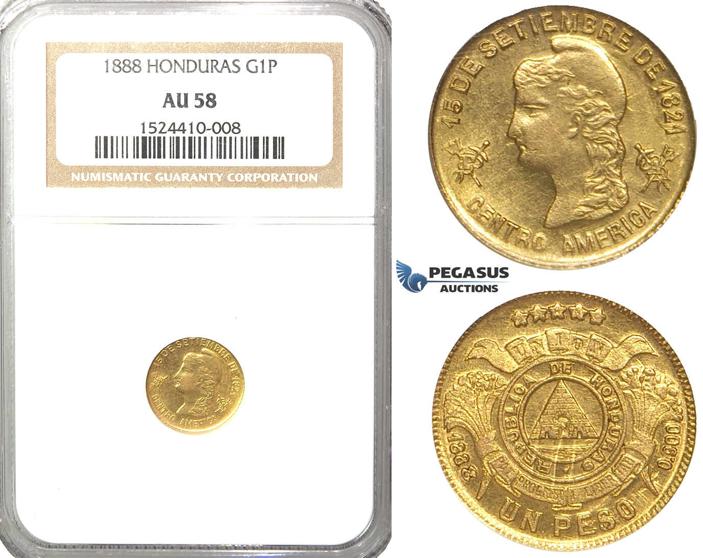 R40, Honduras, 1 Peso 1888, Gold, NGC AU58