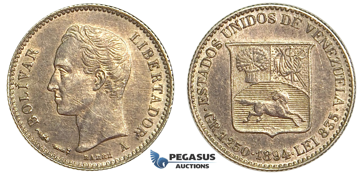 R402, Venezuela, 1/4 Bolivar 1894, Paris, Silver, High Grade, Dark toning (Light hairlines)