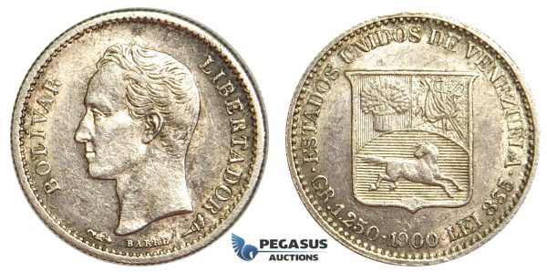 R403, Venezuela, 1/4 Bolivar 1900, Paris, Silver, High Grade (Minor cleaning)