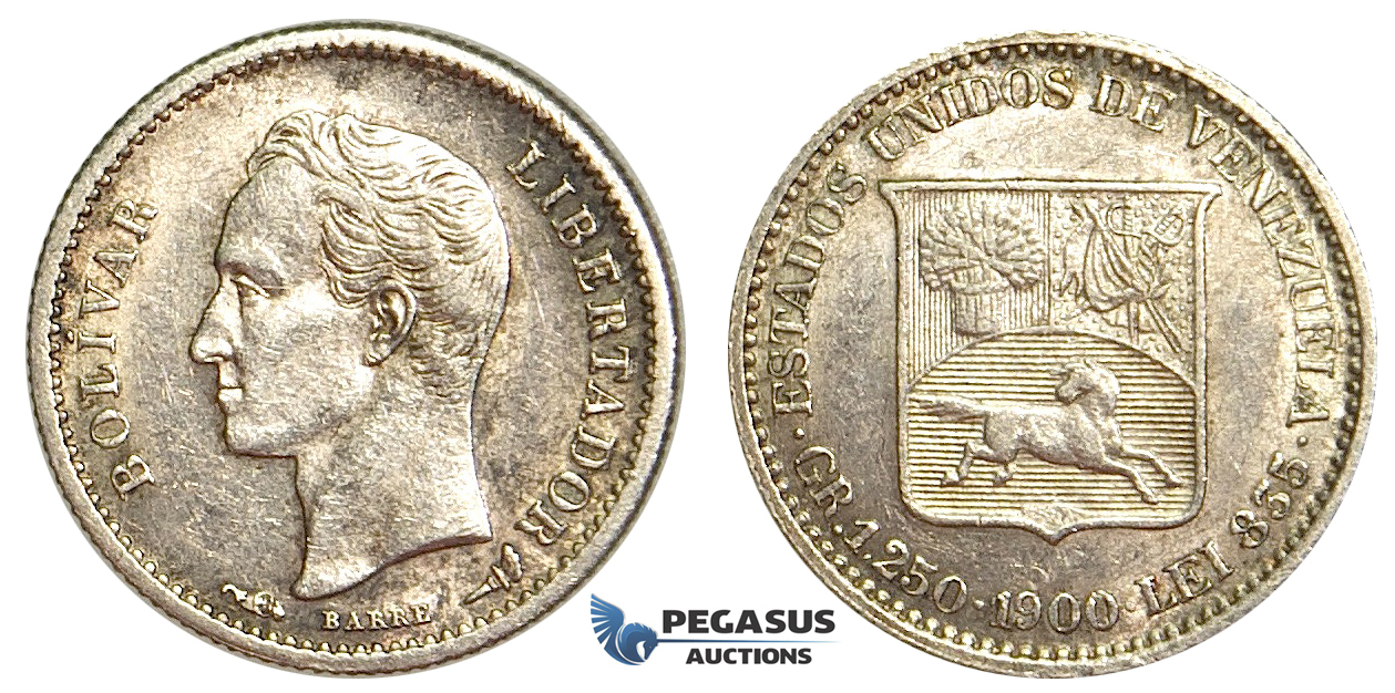 R403, Venezuela, 1/4 Bolivar 1900, Paris, Silver, High Grade (Minor cleaning)