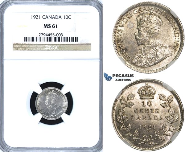 R404, Canada, George V, 10 Cents 1921, Silver, NGC MS61