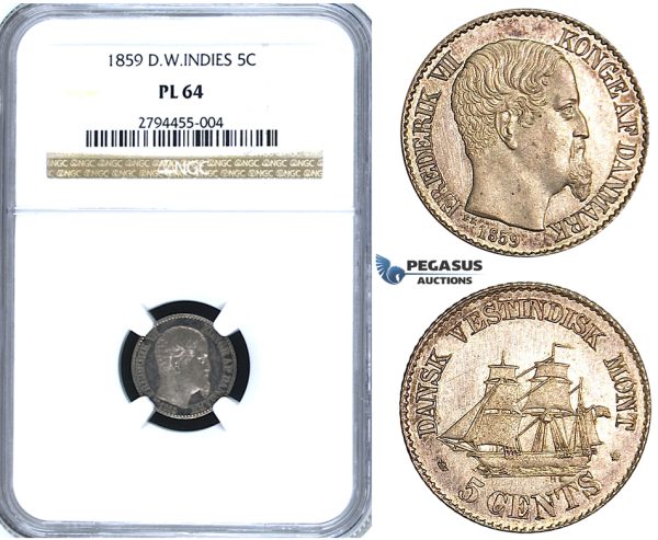 R407, Danish West Indies, Frederik VII, 5 Cents 1859, Altona, Silver, NGC PL64