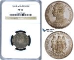 R408, Danish West Indies, Christian IX, 20 Cents/1 Franc 1905, Copenhagen, Silver, NGC PL66, Pop 1/1, Finest! Very Rare!
