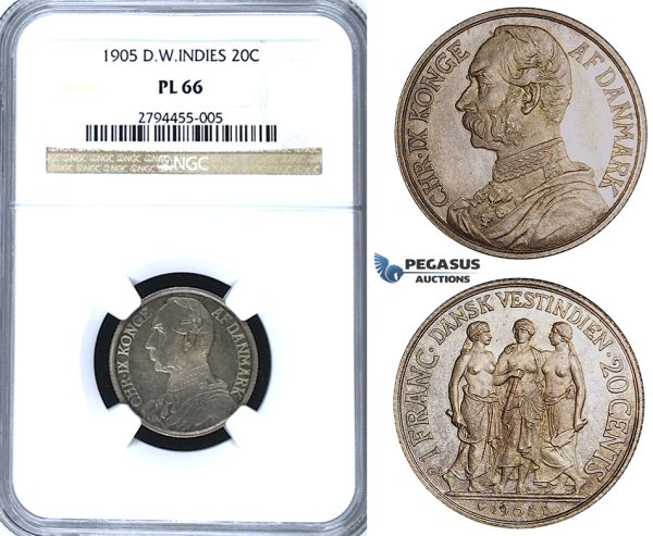 R408, Danish West Indies, Christian IX, 20 Cents/1 Franc 1905, Copenhagen, Silver, NGC PL66, Pop 1/1, Finest! Very Rare!