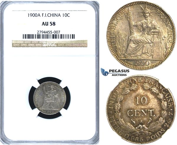 R409, French Indo-China, 10 Centimes 1900-A, Paris, Silver, NGC AU58