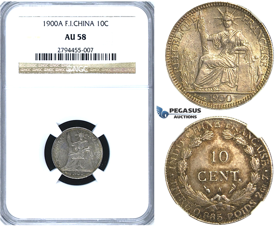 R409, French Indo-China, 10 Centimes 1900-A, Paris, Silver, NGC AU58