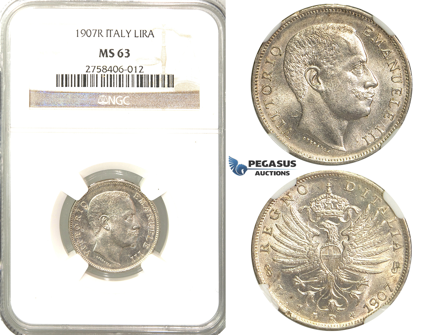 R41, Italy, V. Emanuele III, 1 Lira 1907-R, Rome, Silver, NGC MS63