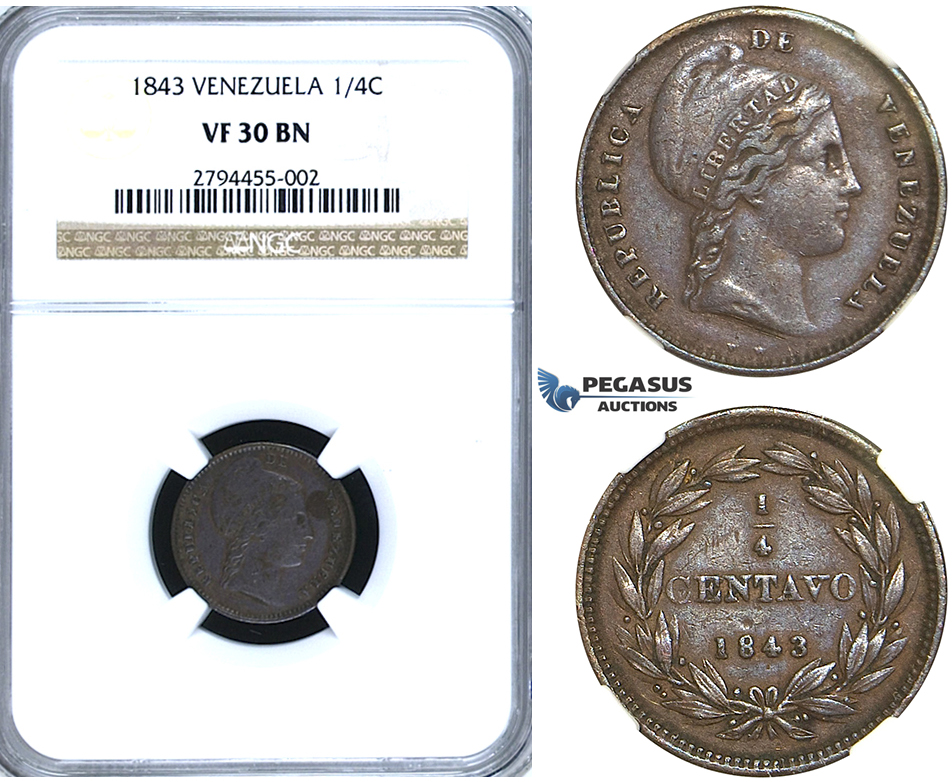 R419, Venezuela, 1/4 Centavo 1843, NGC VF30BN