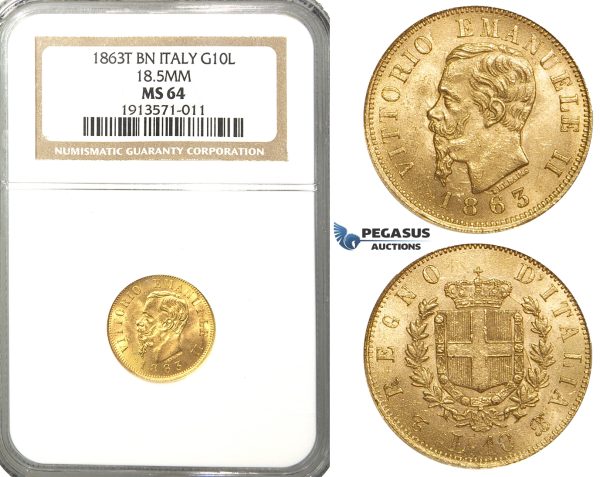 R42, Italy, V. Emanuele II, 10 Lire 1863 T-BN, Turin, Gold, NGC MS64