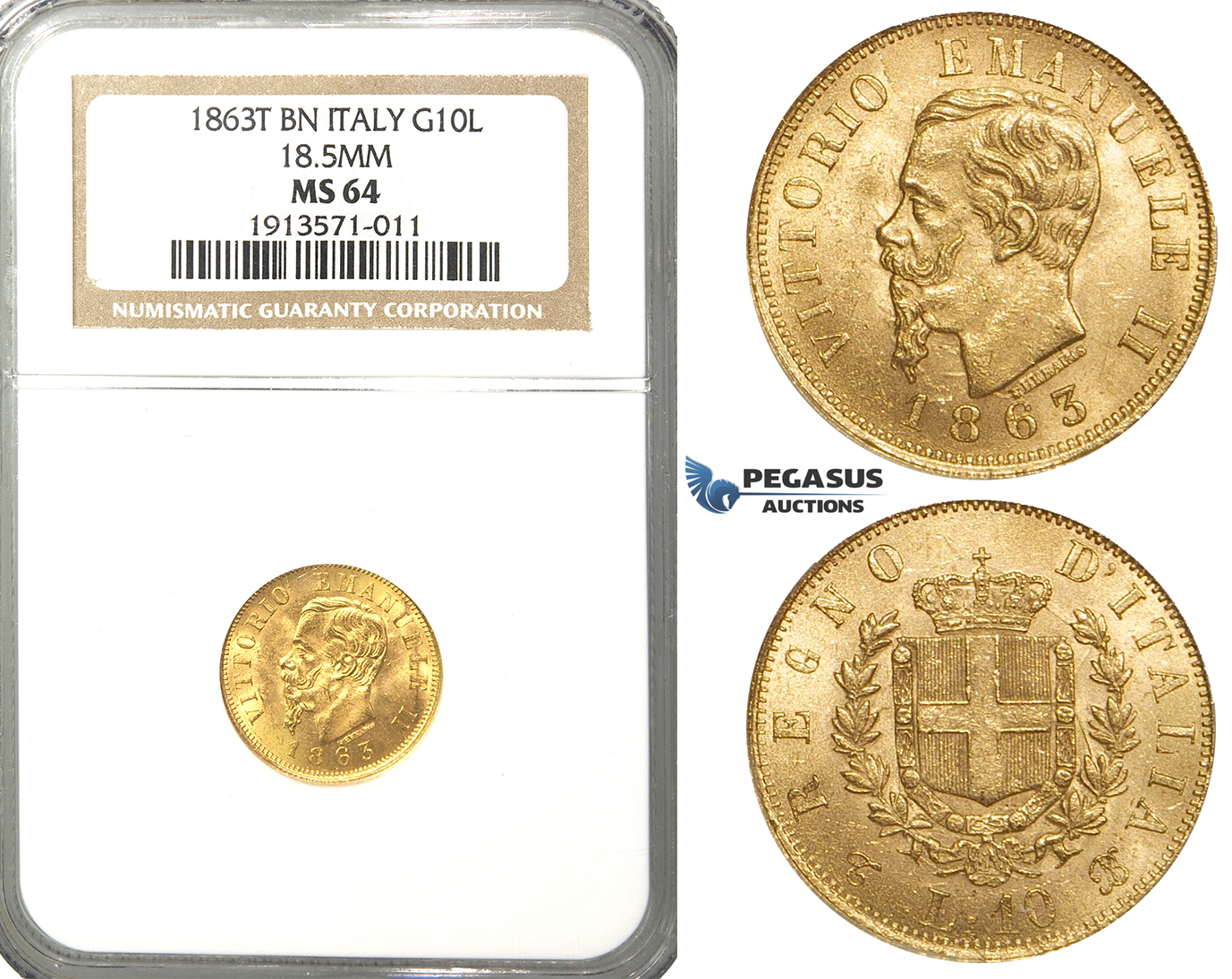 R42, Italy, V. Emanuele II, 10 Lire 1863 T-BN, Turin, Gold, NGC MS64