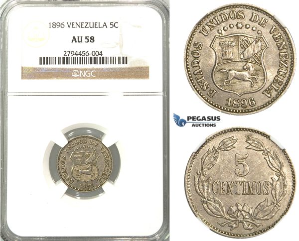 R422, Venezuela, 5 Centimos 1896, NGC AU58