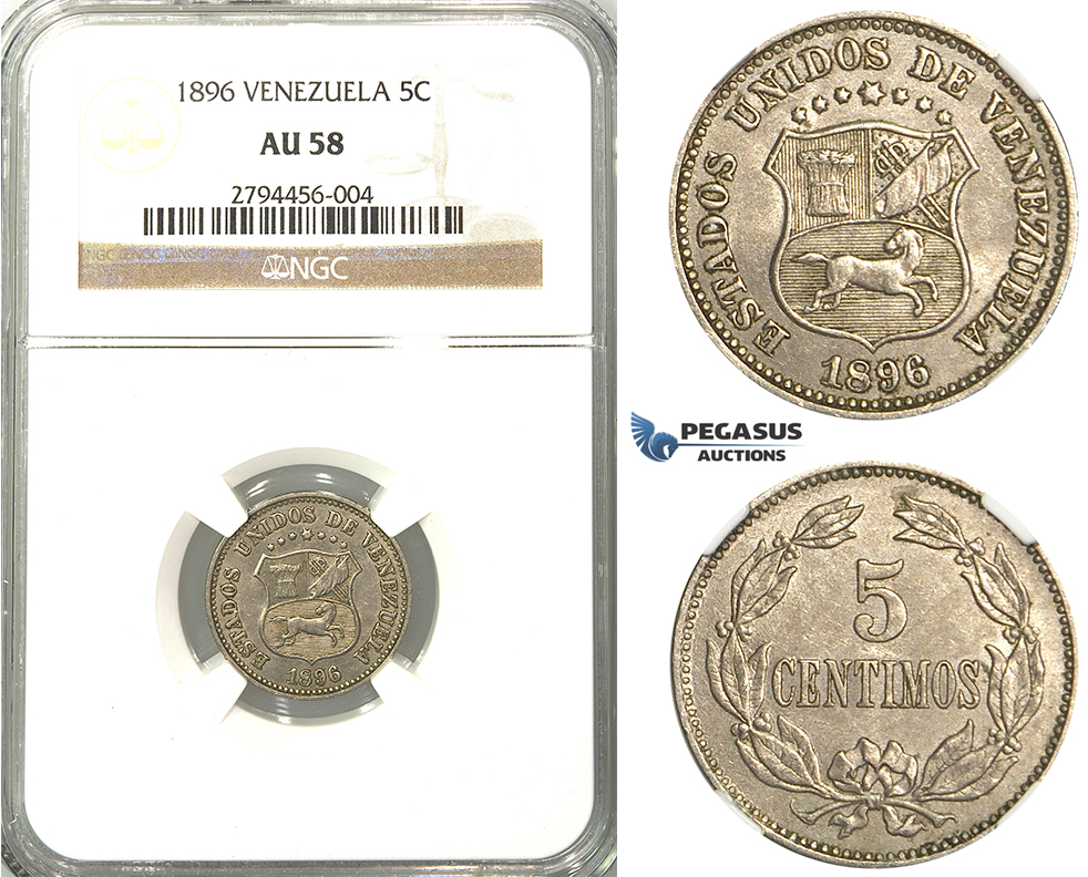 R422, Venezuela, 5 Centimos 1896, NGC AU58