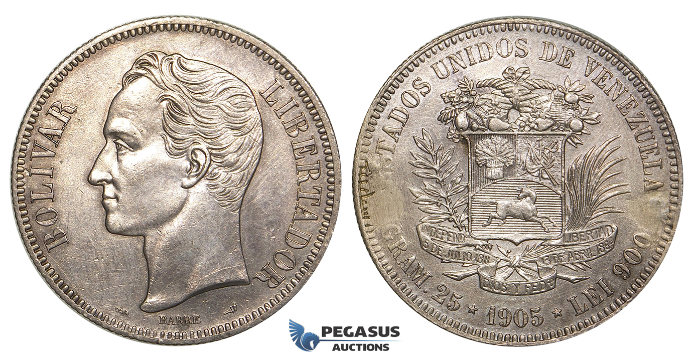 R423, Venezuela, 5 Bolivares 1905, Paris, Silver, ex. Mount, High Grade! Rare!