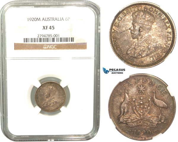 R424, Australia, George V, Sixpence (6P) 1920-M, Melbourne, Silver, NGC XF45