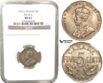 R425, Canada, George V, 5 Cents 1926 (Near 6) NGC MS62, Rare!