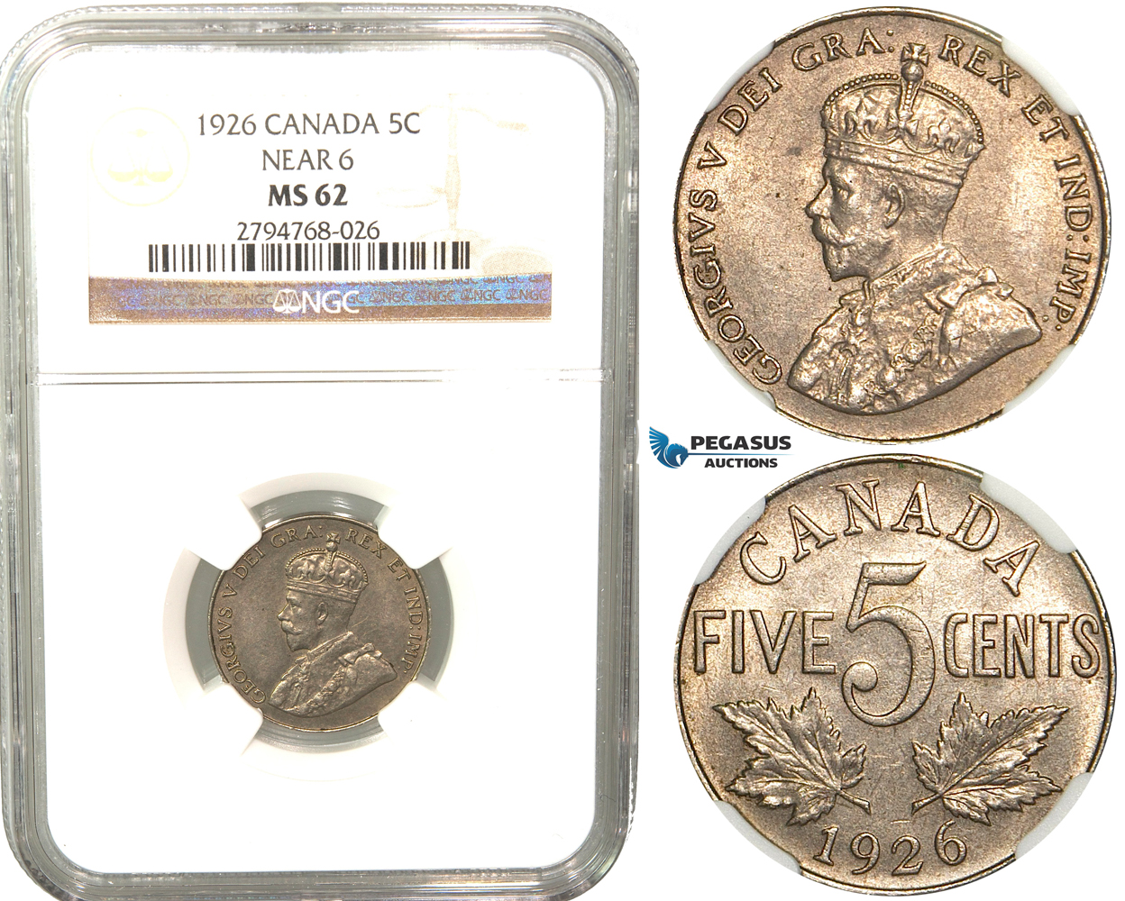 R425, Canada, George V, 5 Cents 1926 (Near 6) NGC MS62, Rare!