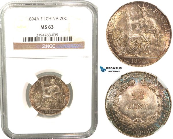 R427, French Indo-China, 20 Centimes 1894-A, Paris, Silver, NGC MS63