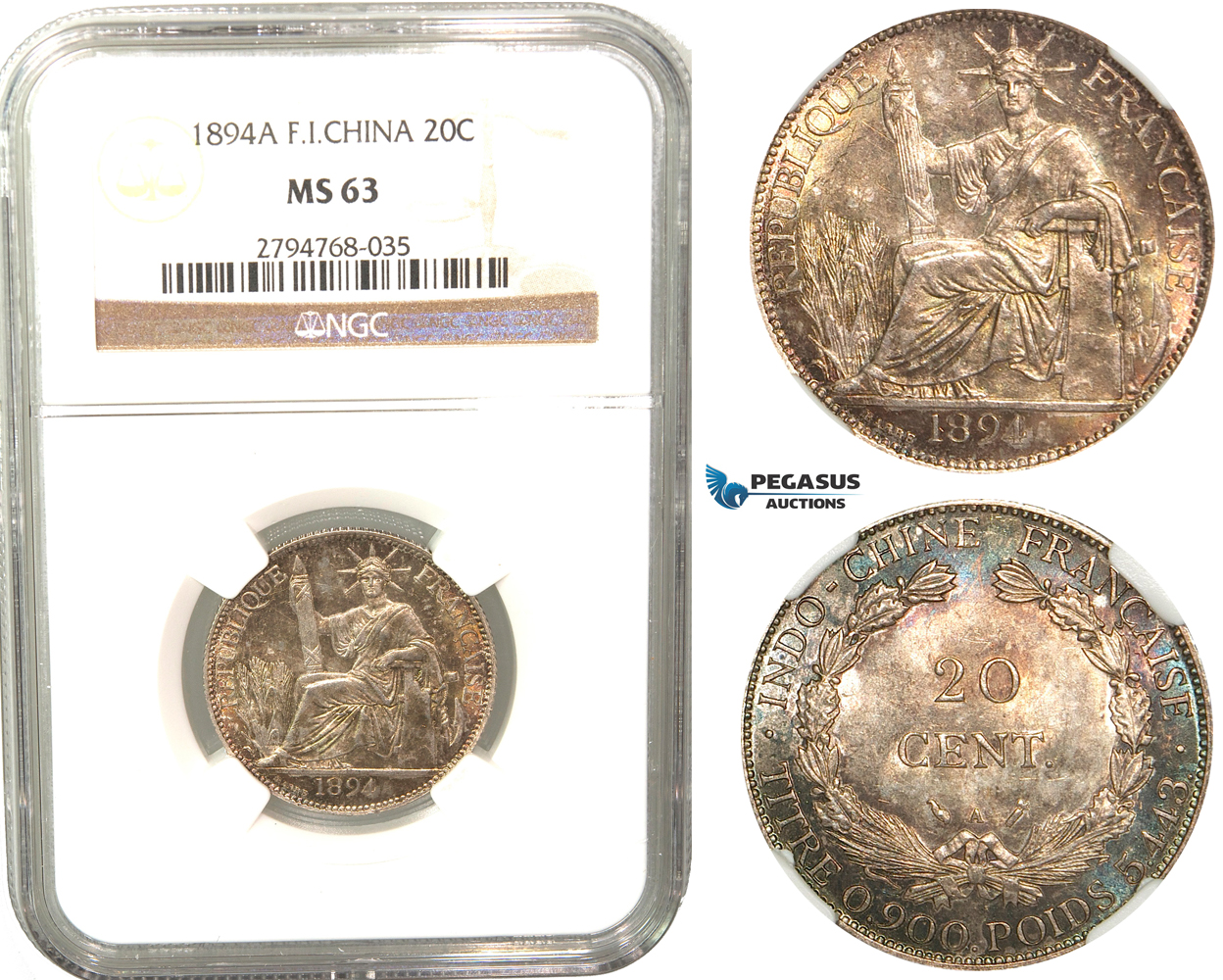 R427, French Indo-China, 20 Centimes 1894-A, Paris, Silver, NGC MS63