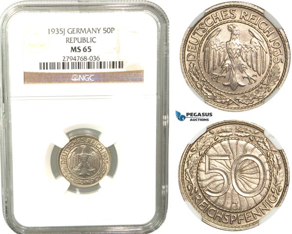R428, Germany, Weimar, 50 Reichspfennig 1935-J, Hamburg, NGC MS65