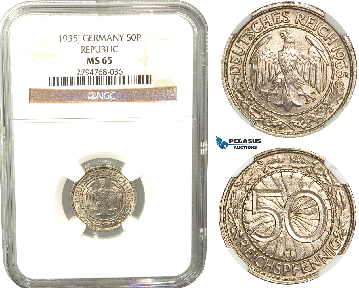 R428, Germany, Weimar, 50 Reichspfennig 1935-J, Hamburg, NGC MS65