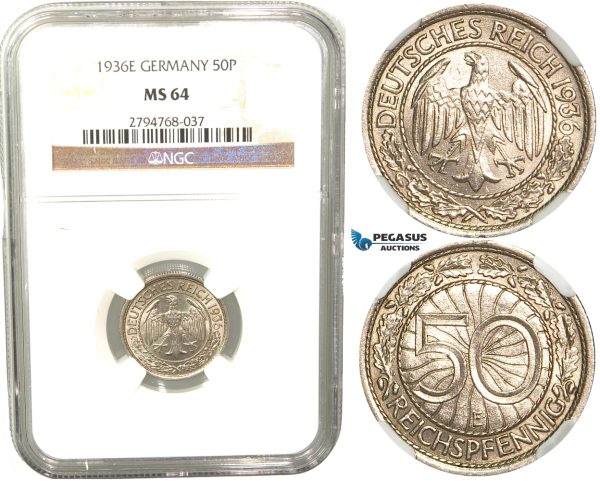 R429, Germany, 50 Reichspfennig 1936-E, Muldenhutten, NGC MS64