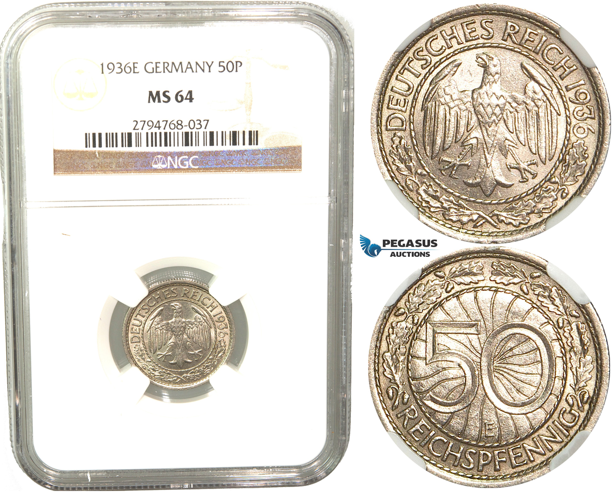 R429, Germany, 50 Reichspfennig 1936-E, Muldenhutten, NGC MS64