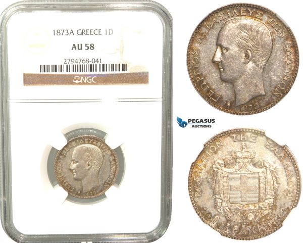 R437, Greece, George I, Drachm 1873-A, Paris, Silver, NGC AU58