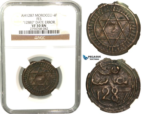 R438, Morocco, Sidi Mohammed IV, 4 Falus AH1287, NGC VF30BN (Date error "12887")