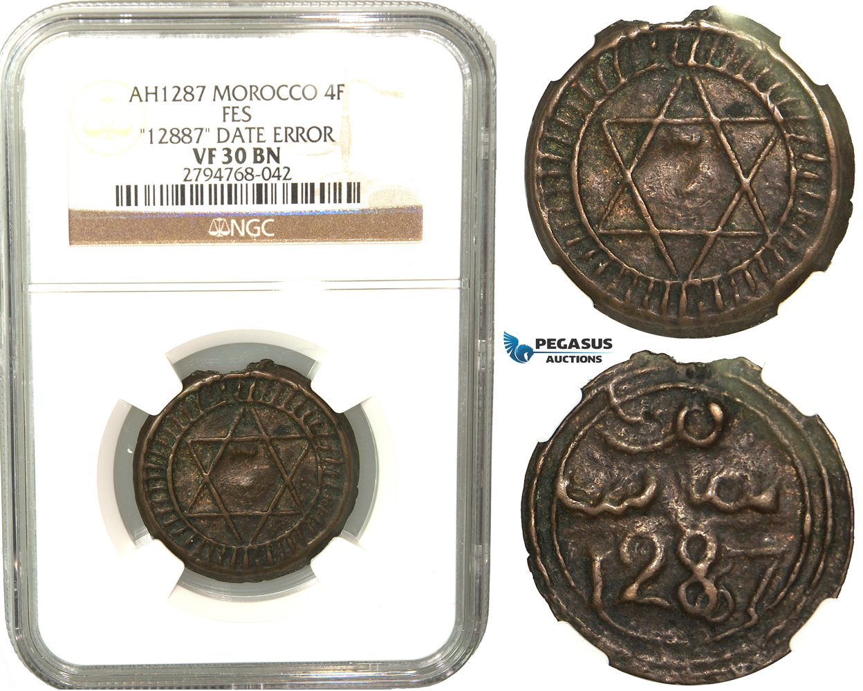 R438, Morocco, Sidi Mohammed IV, 4 Falus AH1287, NGC VF30BN (Date error "12887")