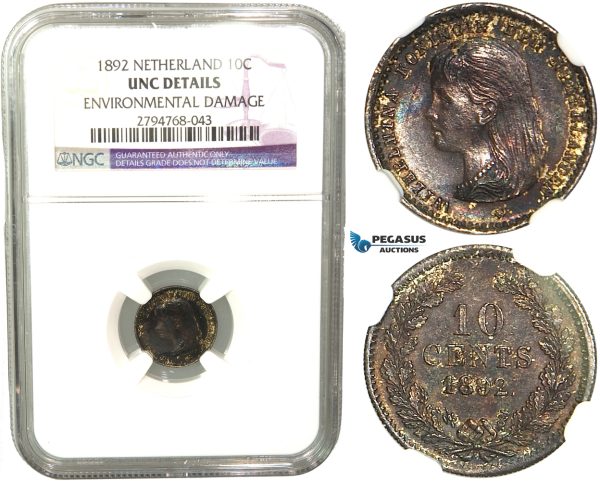 R439, Netherlands, Wilhelmina, 10 Cents 1892, Utrecht, Silver, NGC UNC
