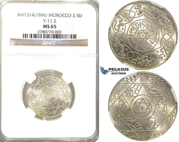 R44, Morocco, Abd al ‘Aziz, 2 1/2 Dirhams AH1314, Paris, Silver, NGC MS65