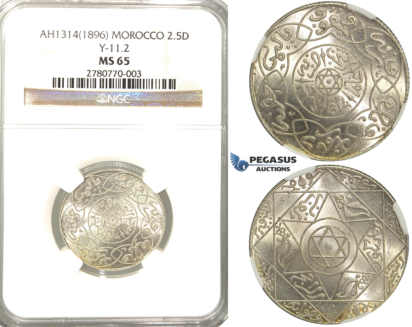 R44, Morocco, Abd al ‘Aziz, 2 1/2 Dirhams AH1314, Paris, Silver, NGC MS65