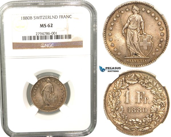R444, Switzerland, Franc 1880-B, Bern, Silver, NGC MS62, Rare grade!