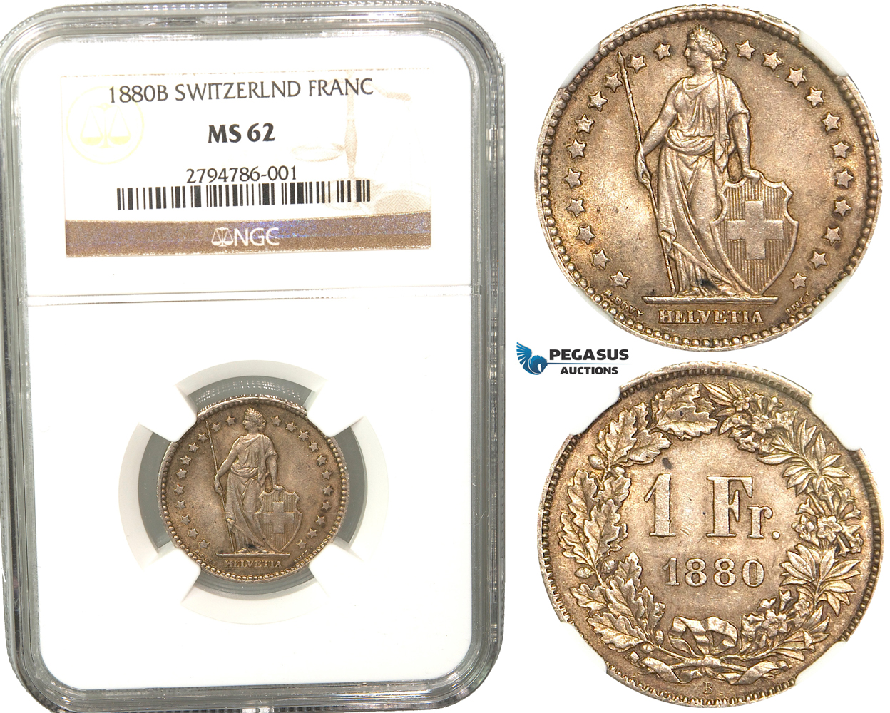 R444, Switzerland, Franc 1880-B, Bern, Silver, NGC MS62, Rare grade!