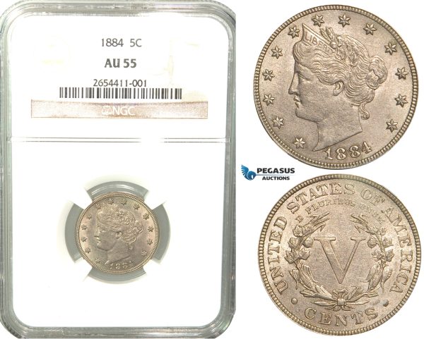 R445, United States, Libery Nickel (5 Cents) 1884, NGC AU55