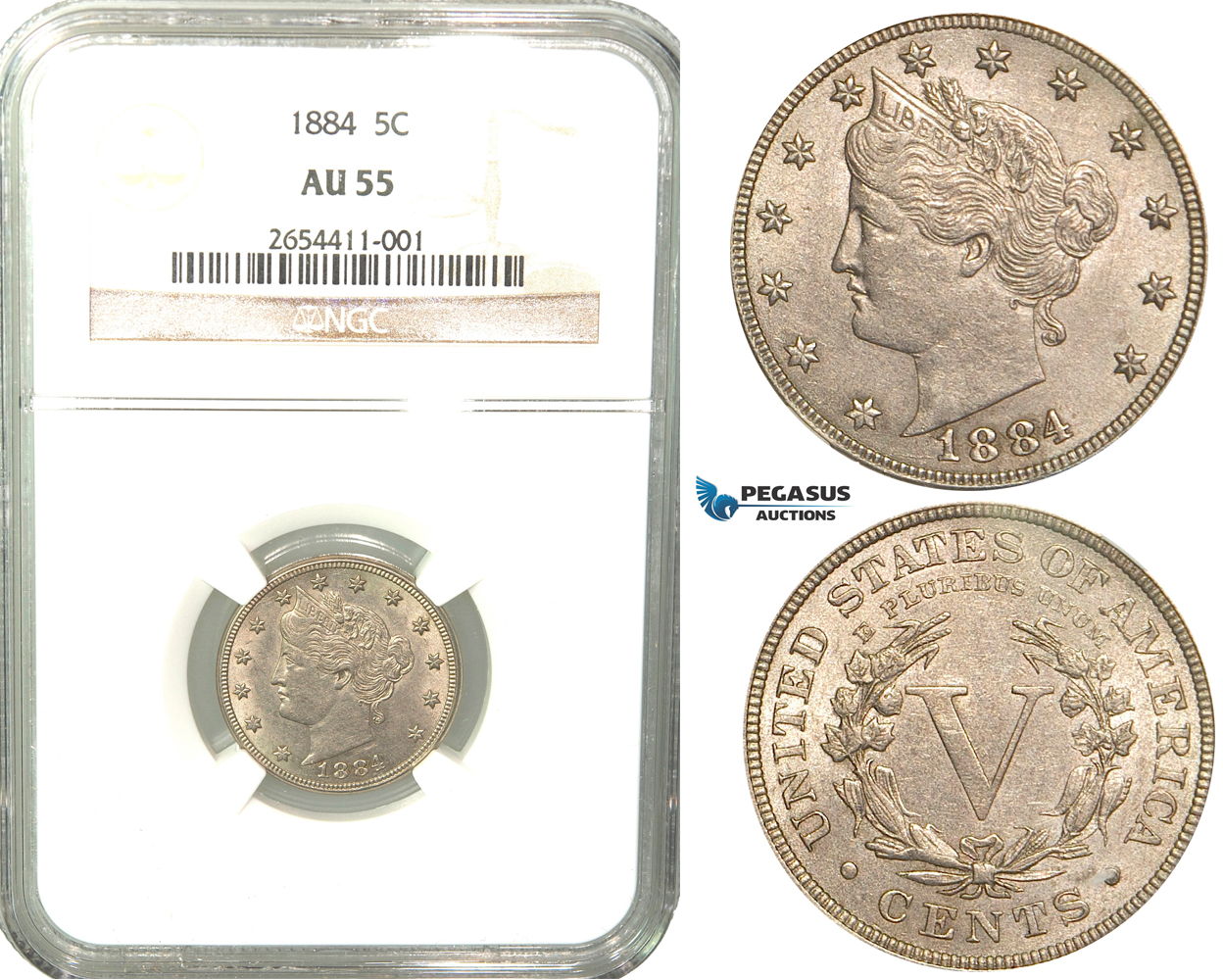 R445, United States, Libery Nickel (5 Cents) 1884, NGC AU55