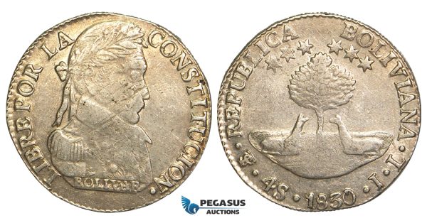 R447, Bolivia, 4 Soles 1830 JL, Potosi, Silver, Nice details!