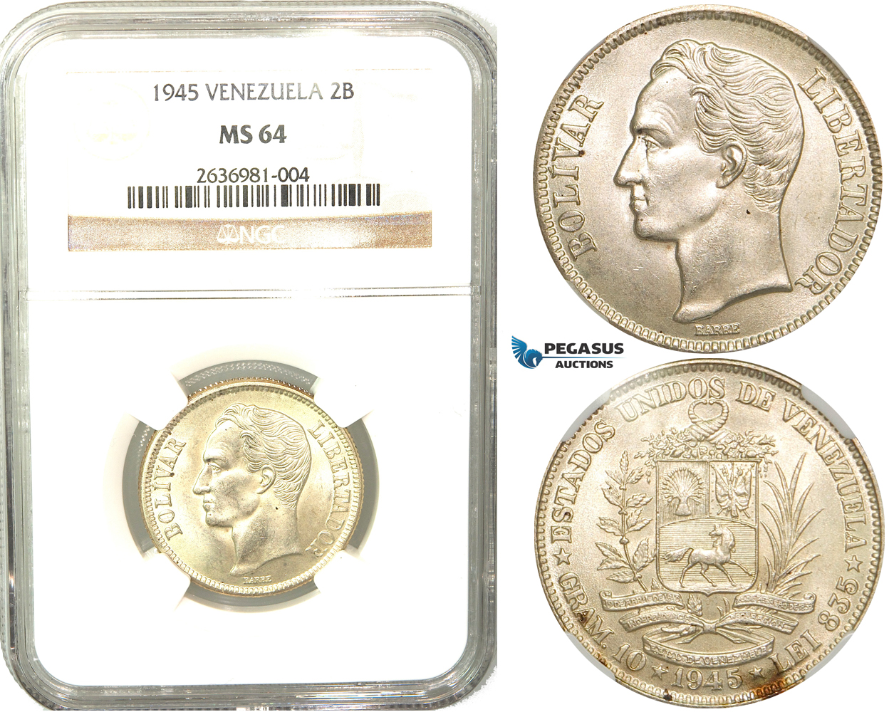 R452, Venezuela, 2 Bolivares 1945, Silver, NGC MS64