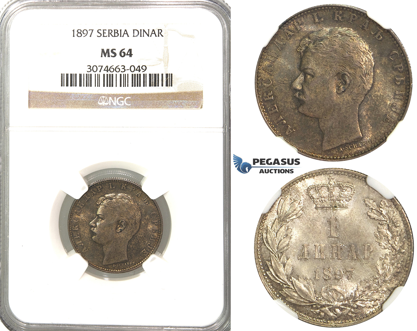 R46, Serbia, Alexander I, Dinar 1897, Vienna, Silver, NGC MS64