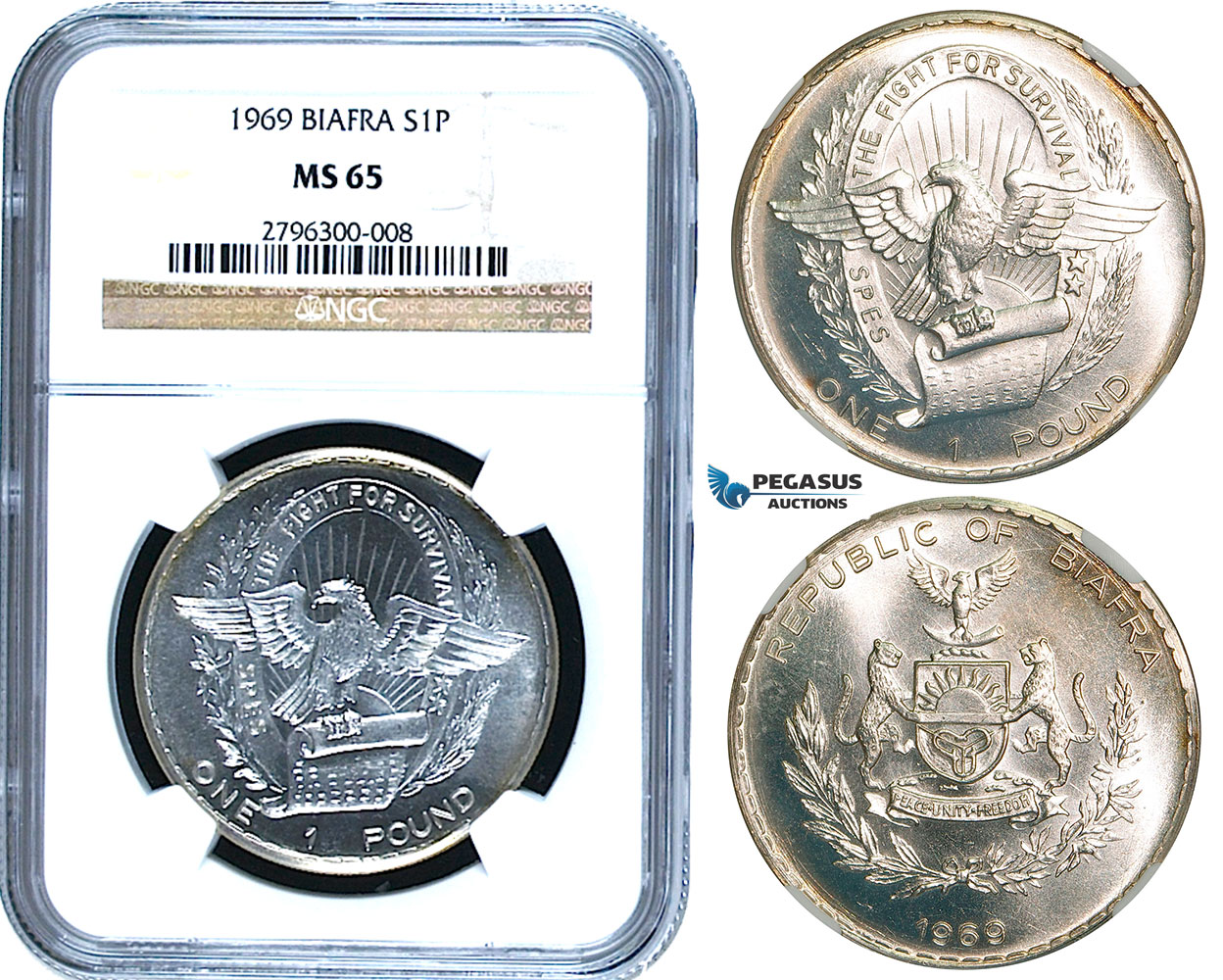 R467, Biafra, Pound 1969, Silver, NGC MS65