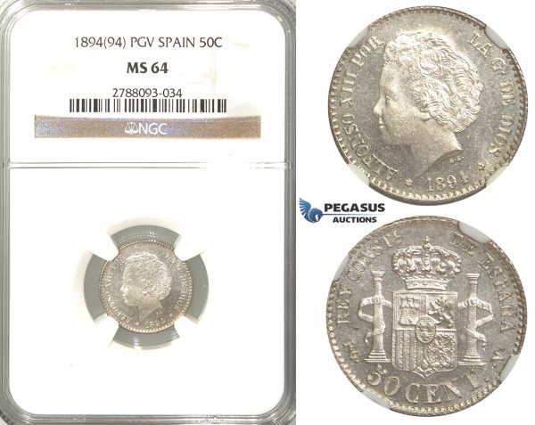 R47, Spain, Alfonso XIII, 50 Centimos 1894 (94) PG-V, Madrid, Silver, NGC MS64