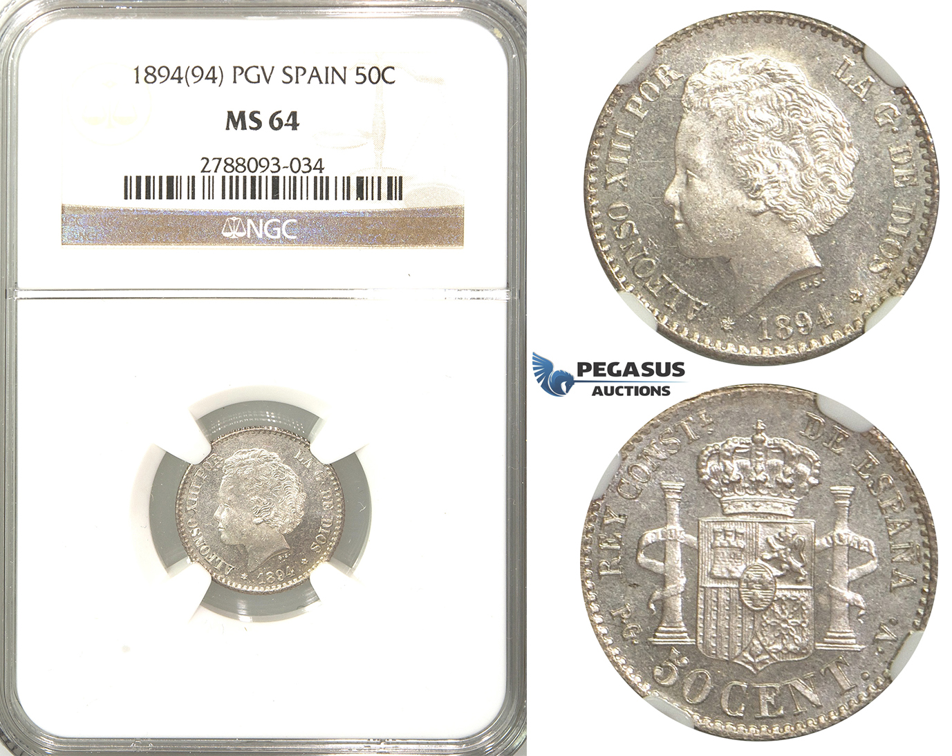 R47, Spain, Alfonso XIII, 50 Centimos 1894 (94) PG-V, Madrid, Silver, NGC MS64