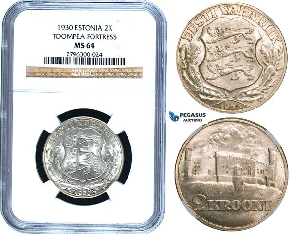 R472, Estonia, 2 Kroon 1930, Silver, NGC MS64
