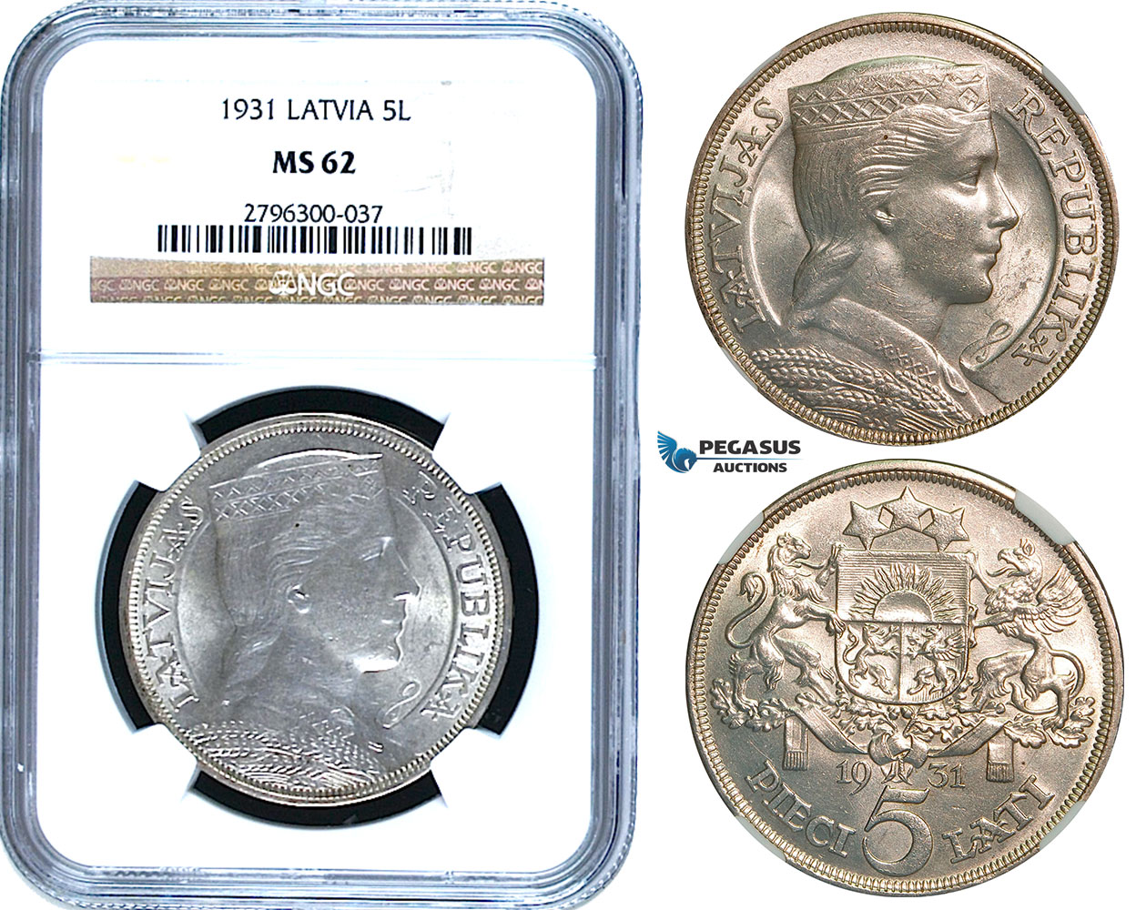 R475, Latvia, 5 Lati 1931, Silver, NGC MS62