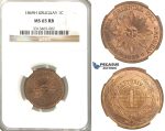 R48, Uruguay, Centesimo 1869-H, Heaton, NGC MS65RB