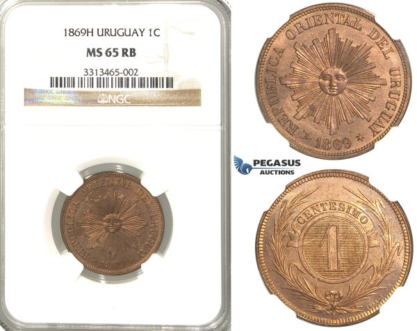 R48, Uruguay, Centesimo 1869-H, Heaton, NGC MS65RB