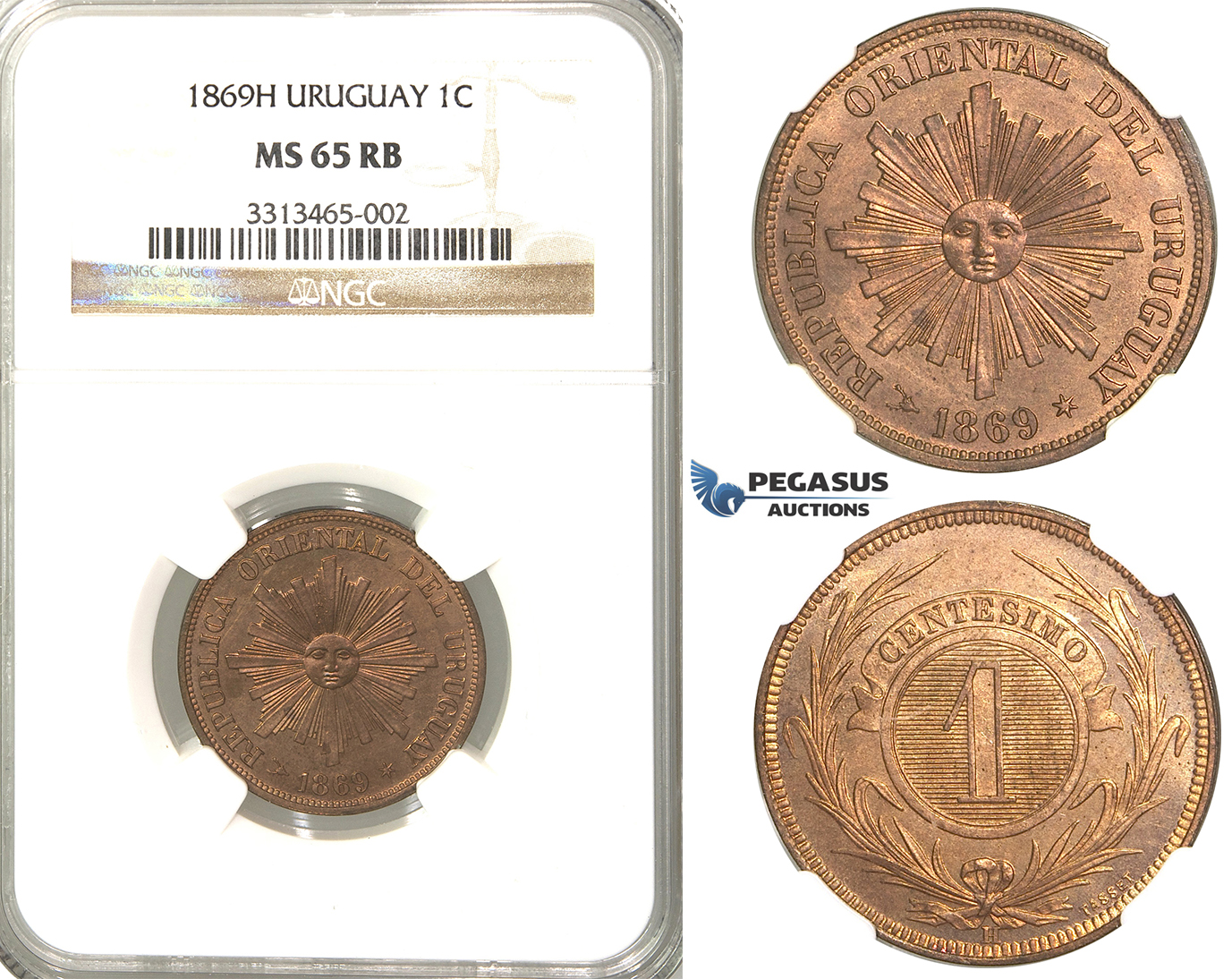 R48, Uruguay, Centesimo 1869-H, Heaton, NGC MS65RB