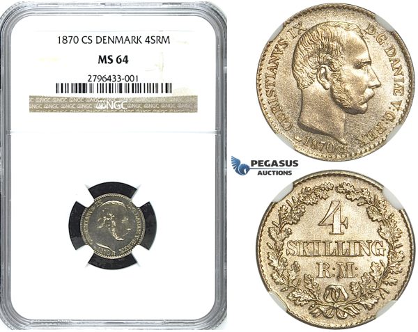 R486, Denmark, Christian IX, 4 Skilling 1870 CS, Copenhagen, Silver, NGC MS64