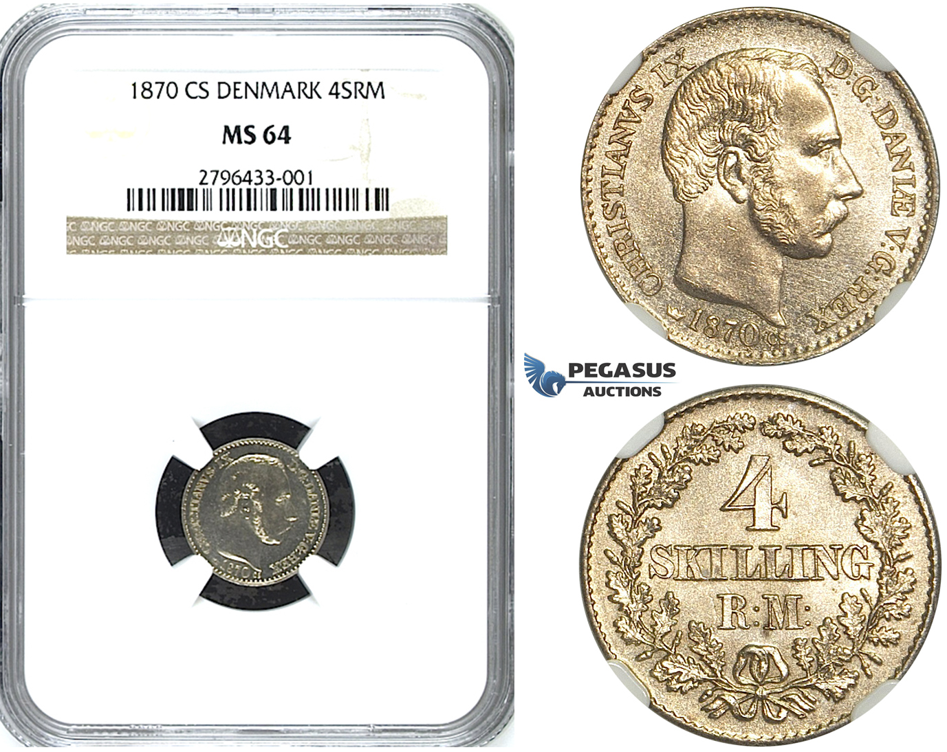 R486, Denmark, Christian IX, 4 Skilling 1870 CS, Copenhagen, Silver, NGC MS64